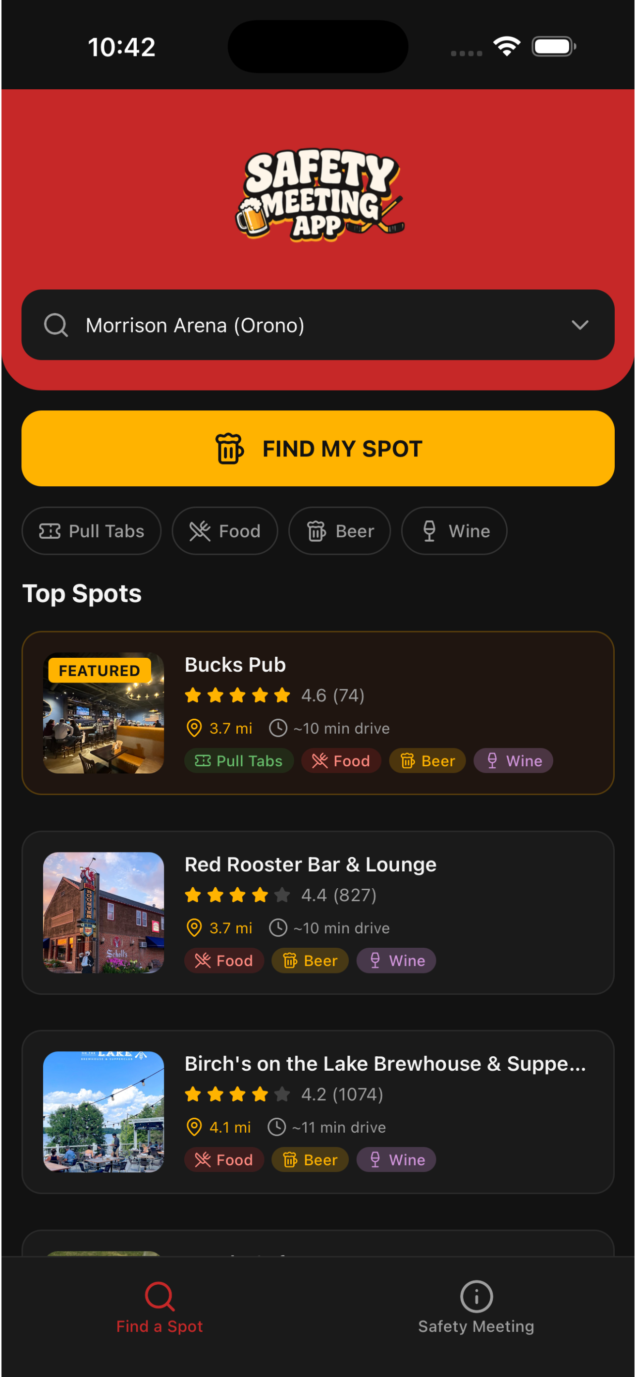 Safety Meeting app find a spot screen